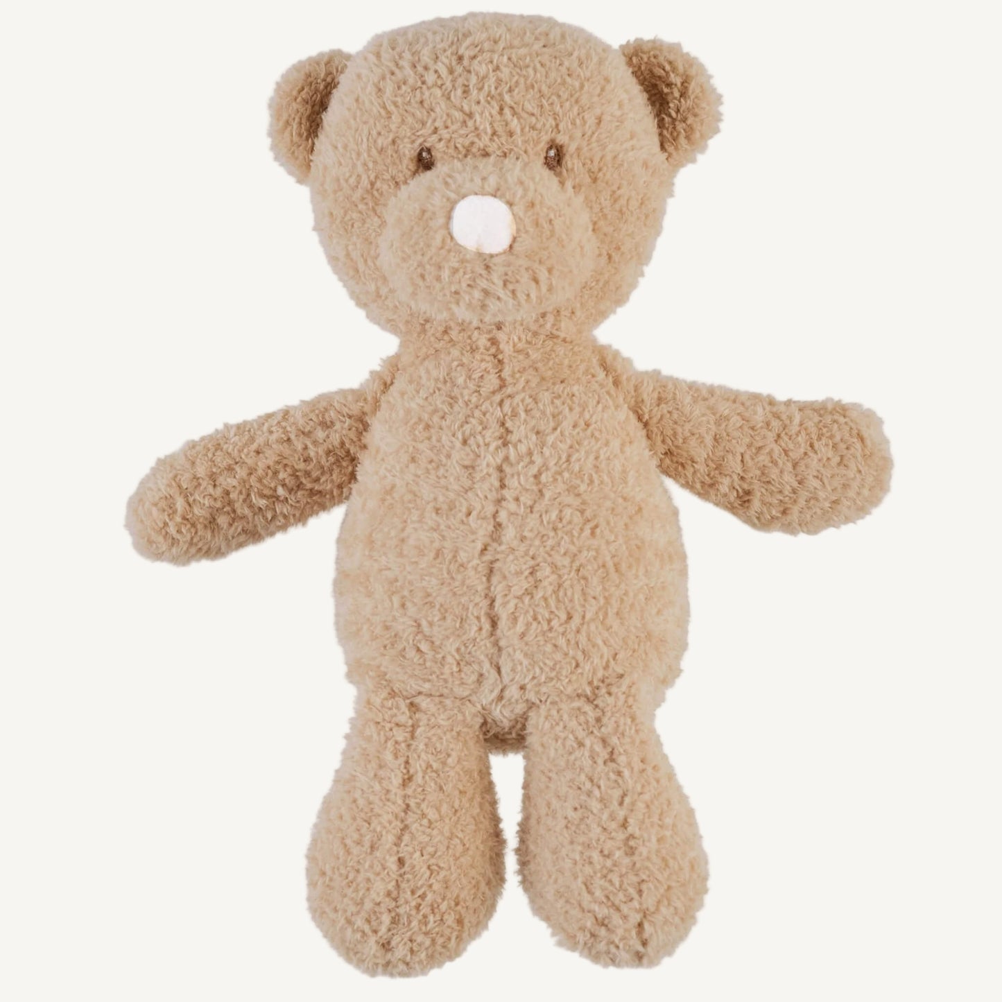 A soft brown teddy bear plush toy shown lying flat with outstretched arms, textured fur and simple embroidered facial features.