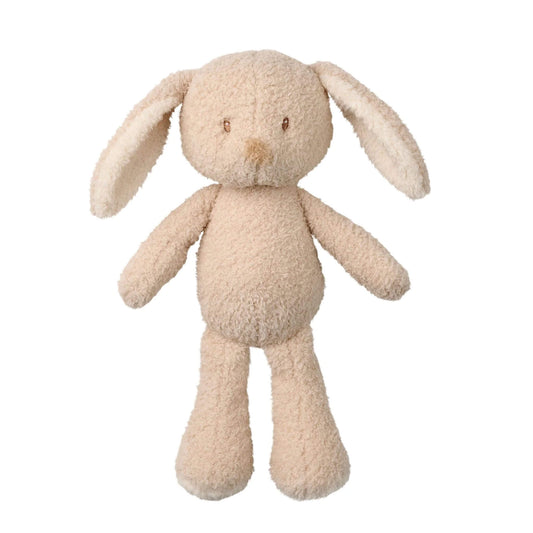 Bunny cuddly toy standing upright, showing its long ears, soft textured fur, and adorable stitched face.
