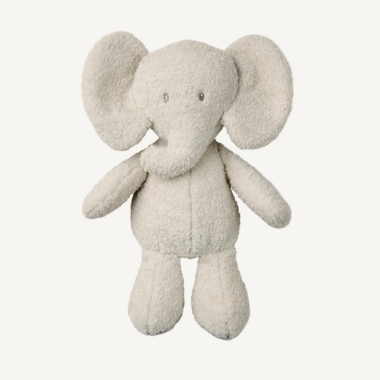 A soft plush grey elephant toy shown lying flat with outstretched arms, large floppy ears, a curved trunk and textured fabric throughout.