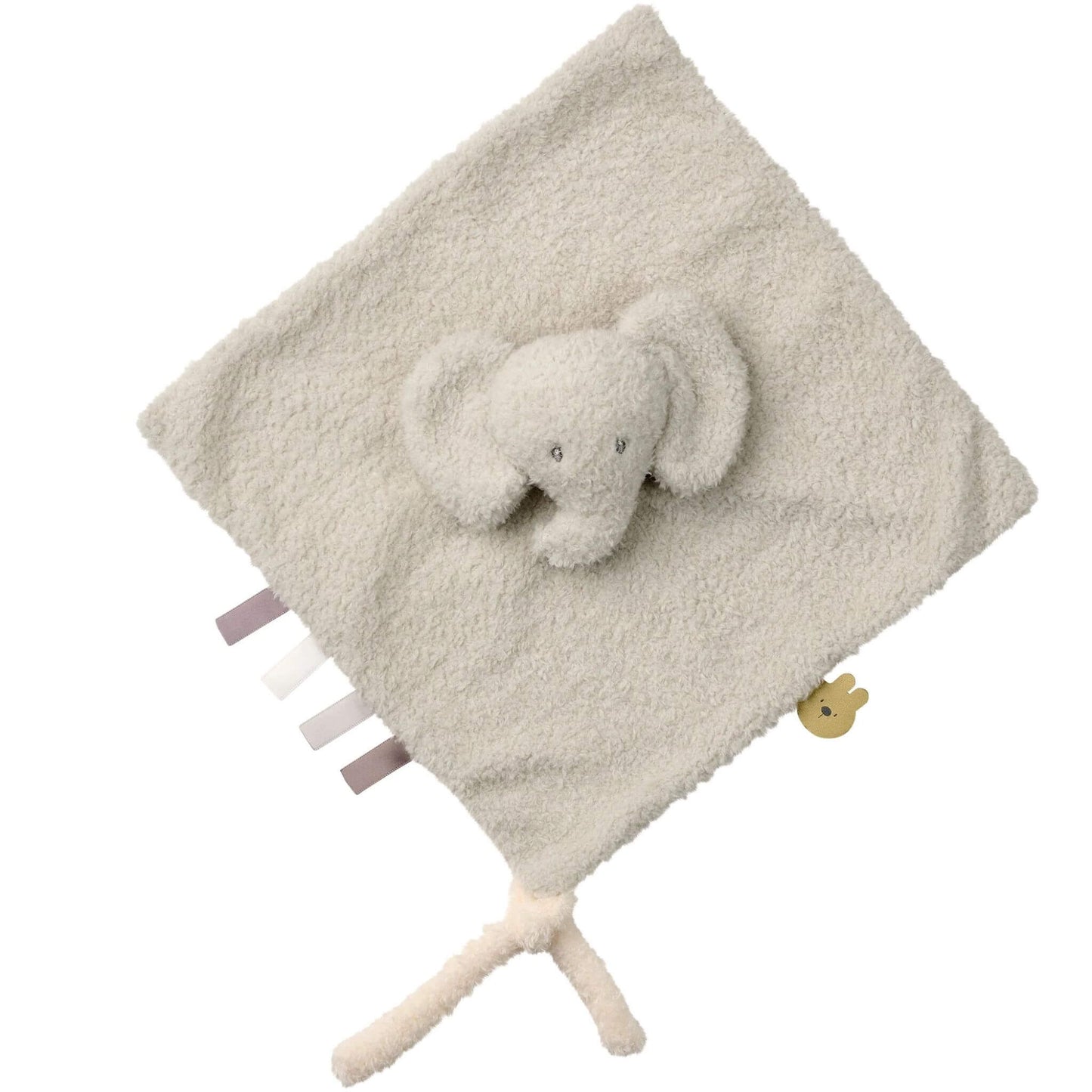 Grey teddy fabric comfort blanket with ribbon tags and plush elephant head, perfect for soothing baby at bedtime.