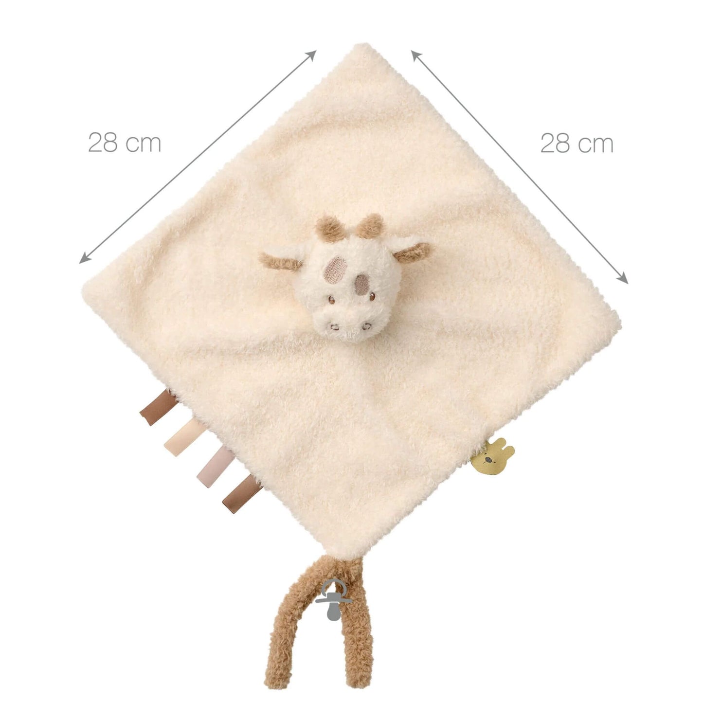 Baby doudou featuring 28cm cream comfort blanket with soft plush giraffe head, sensory ribbons and pacifier holder.