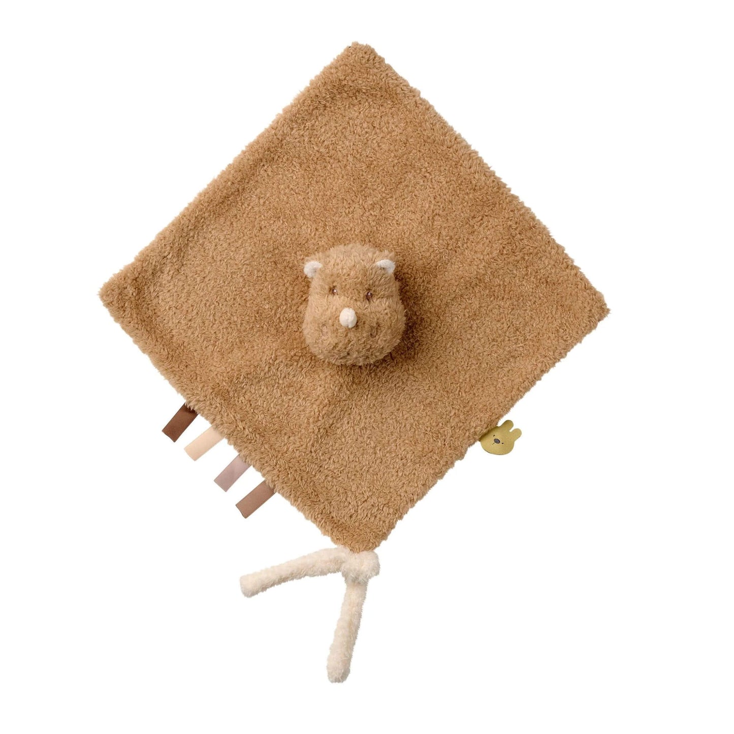 Rhino Doudou comfort blanket with textured plush fabric, ribbon tags.
