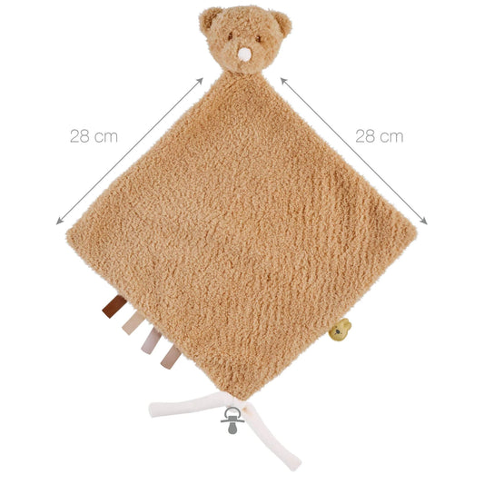 A teddy maxi doudou blanket measuring 28cm, featuring plush bear head and soothing sensory tags.