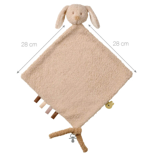 A bunny baby comfort blanket showing 28cm size measurement, with soft bunny head and soothing ribbon tags.