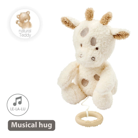 A plush giraffe musical toy is shown with soft textured fabric and a silicone pull ring, alongside on-image text that reads “Musical hug” and an icon labelled “LE-LA-LU”.