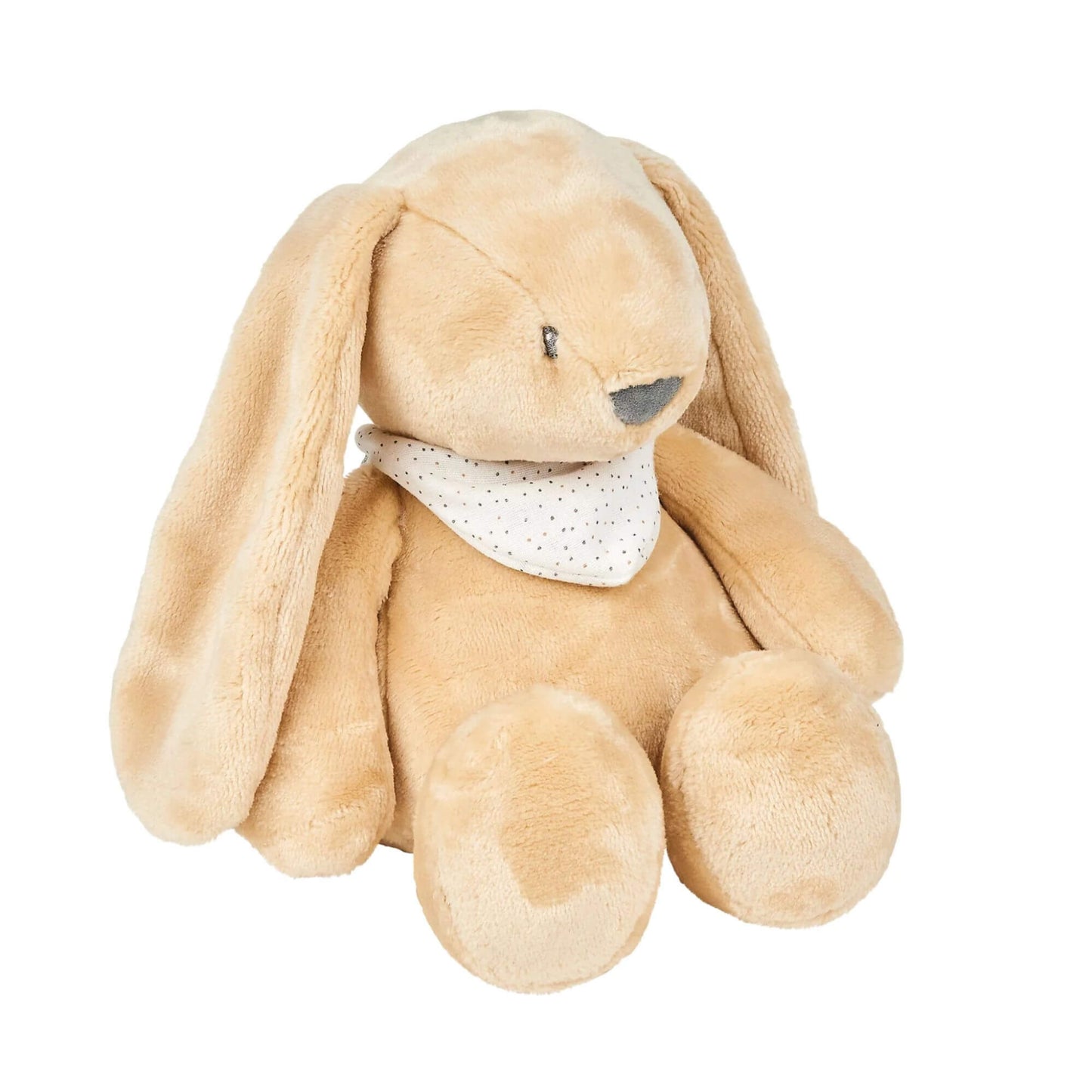 Light brown Nattou sleepy cuddly bunny with floppy ears and a polka-dot scarf. Soft and plush, designed as a sleep aid for babies and toddlers.