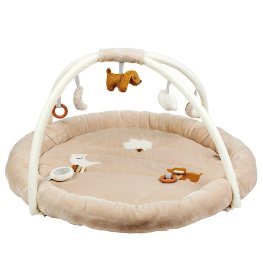 Nattou Stuffed Play Gym with five detachable hanging toys, including cuddly items, a soft ball, and a heart shape.