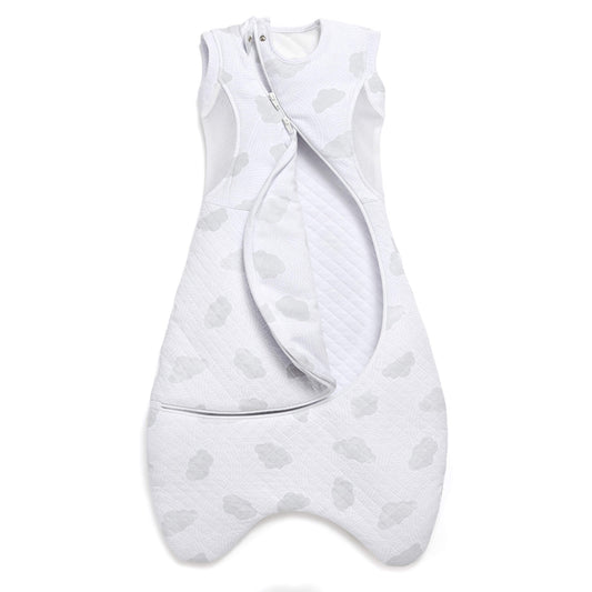 A sleeveless baby sleep bag photographed with the front zip partially opened to show the inner quilted lining and soft cloud-patterned outer fabric.