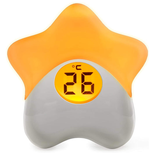 Children's Room Thermometer showing star-shaped night light with digital temperature display reading 26°C.