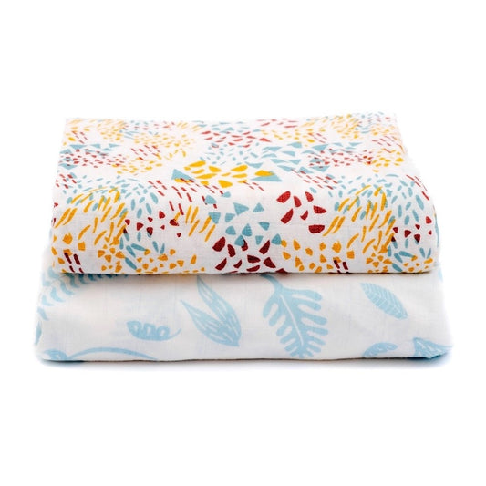 Pureflo Bamboo Cotton Muslin Clothes, pack of 2 in Jungle Leaves print. Bamboo cotton features anti-bacterial properties and gets softer with every wash Can be used as swaddle blanket, nursing cover, pram blanket etc