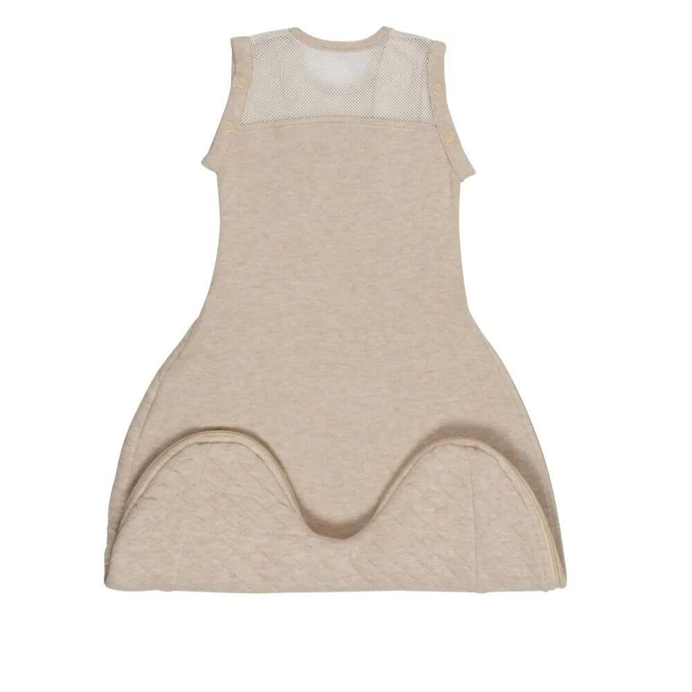 Back view of Purflo Swaddle to Sleep 2.5 tog Sleep Bag in Hazel, showing breathable mesh panel at the top for airflow and curved quilted hemline.