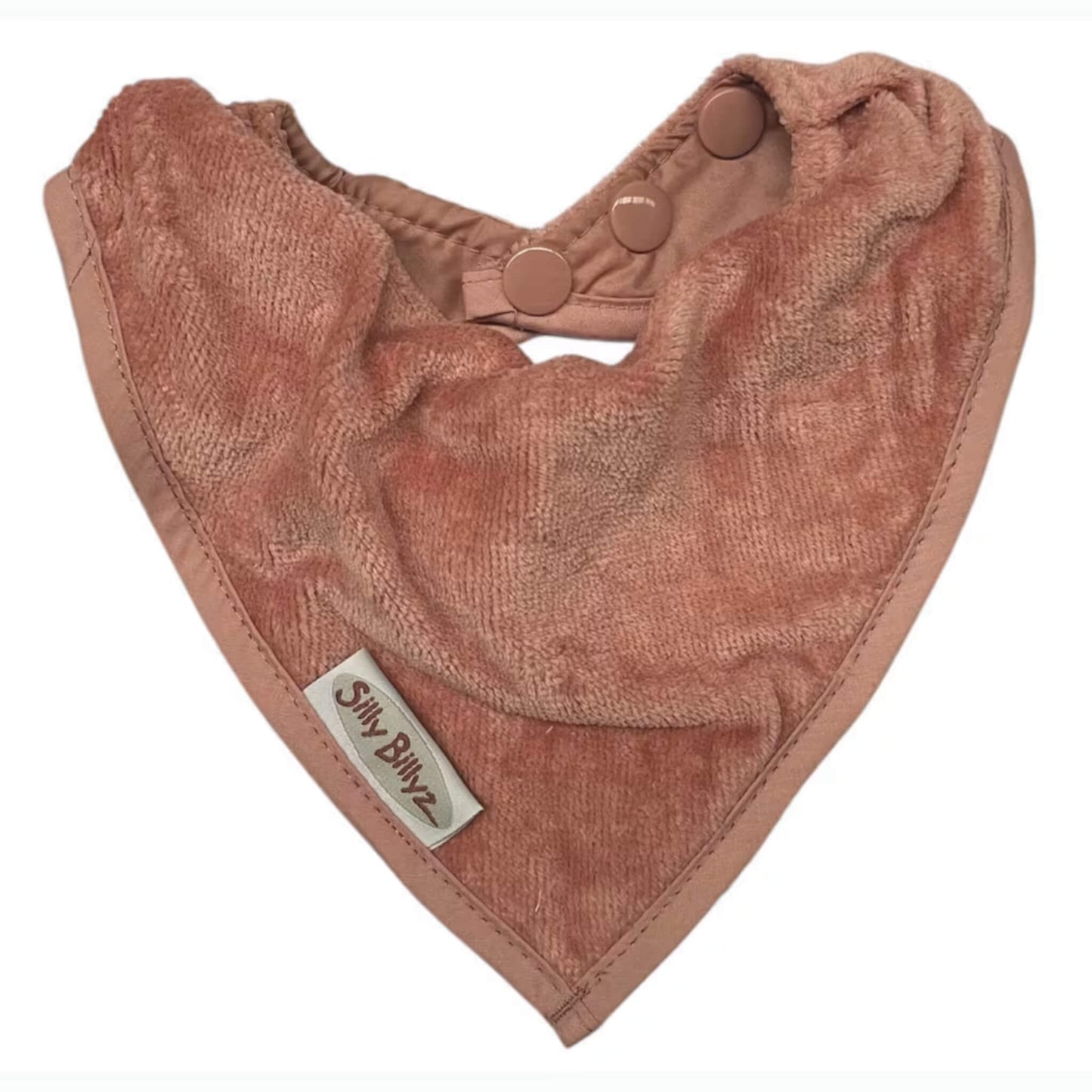 Silly Billyz Bandana Bib in morocco brown soft velour towelling bib with waterproof backing, featuring adjustable pop-stud closure.
