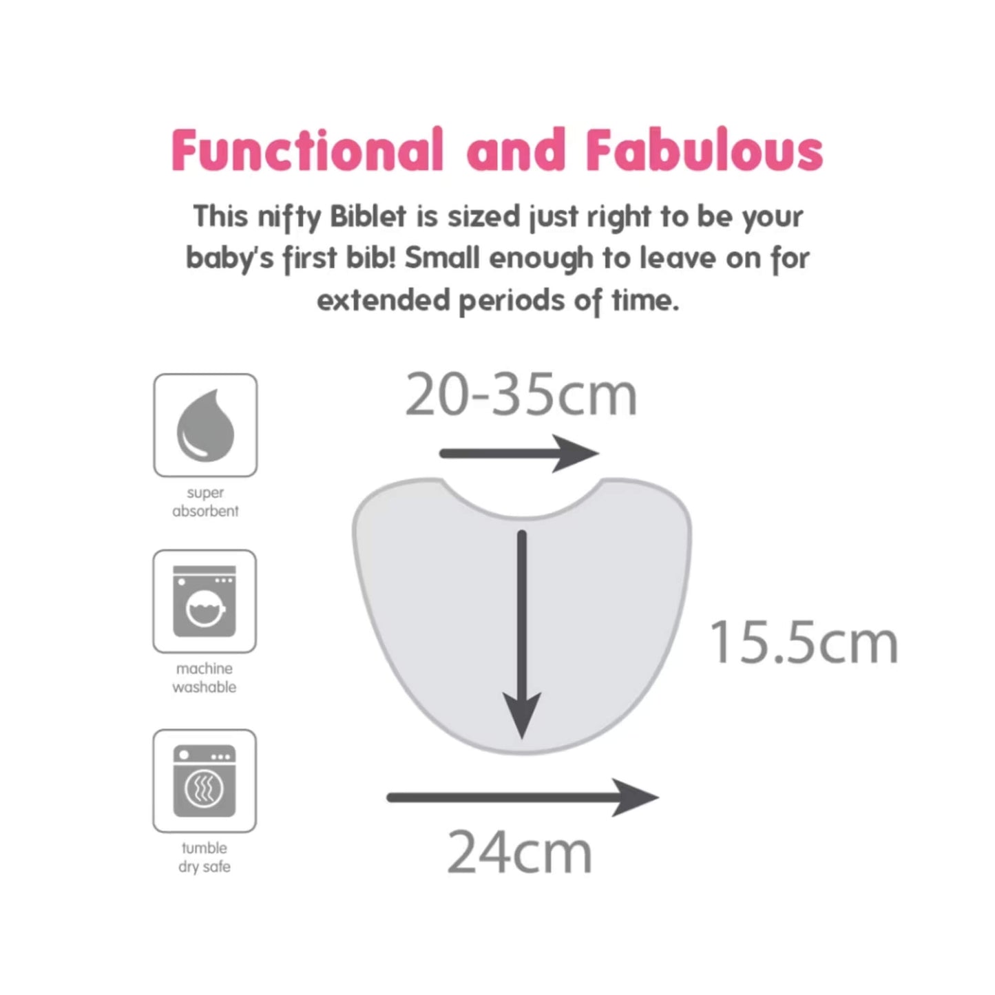 Silly Billyz Biblet sizing guide showing dimensions and adjustable fit from 20–35cm neckline.