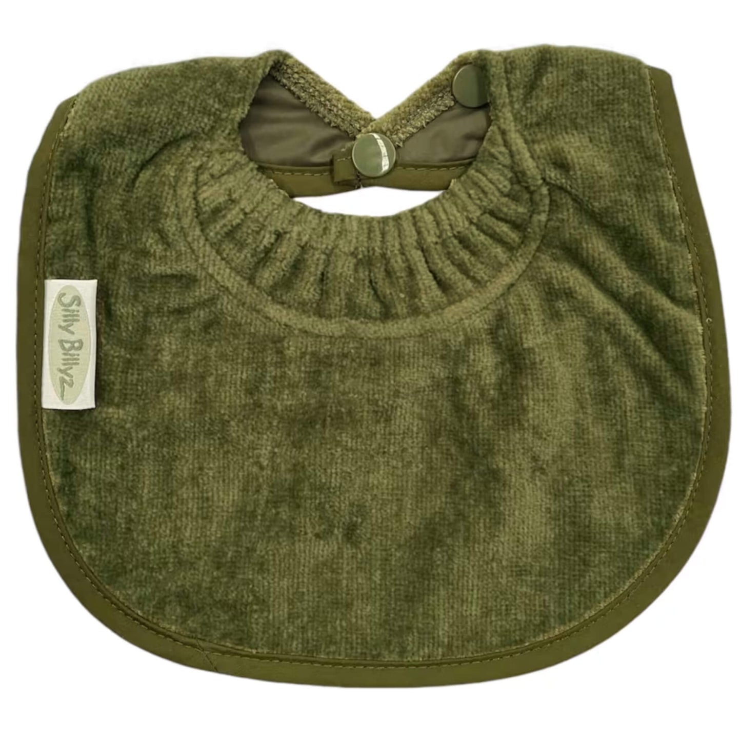 Olive Silly Billyz Biblet baby bib with soft towelling front, waterproof backing, and snug neckline.