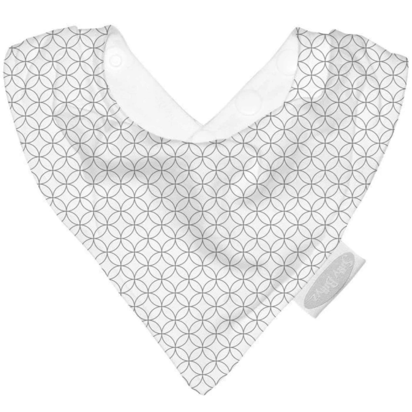 Baby dribble bandana bib with grey geometric circle pattern, showing a soft cotton outer with a waterproof backing and adjustable popper fastening.