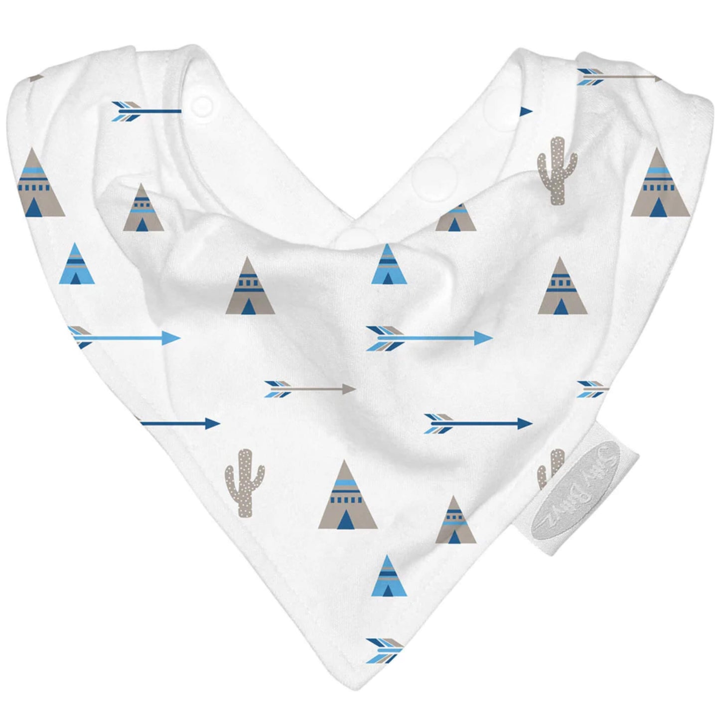Jersey Bandana Bib featuring a white cotton bandana shape with teepee, arrow and cactus print, designed to sit neatly around a baby’s neck.
