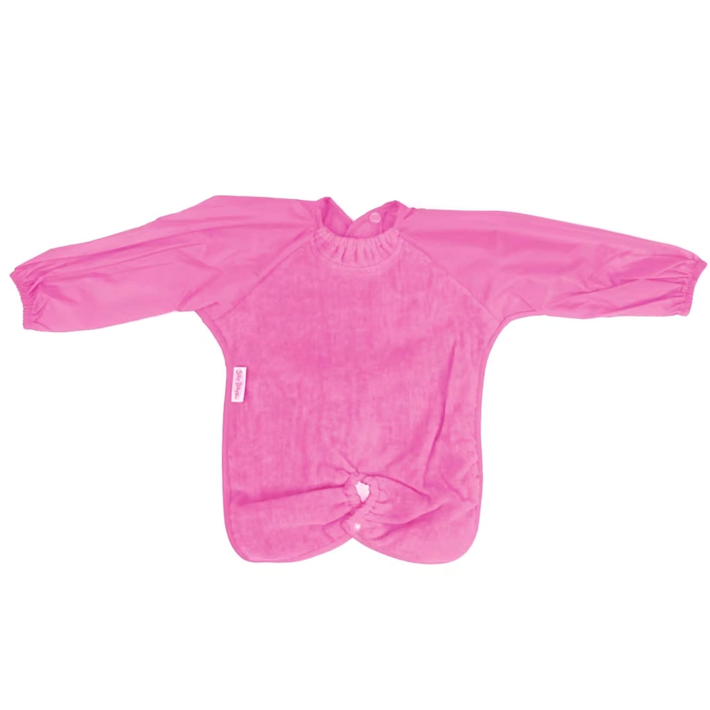 Bright pink Silly Billyz Long Sleeve Highchair Hugger Bib with absorbent towelling and elasticated cuffs.