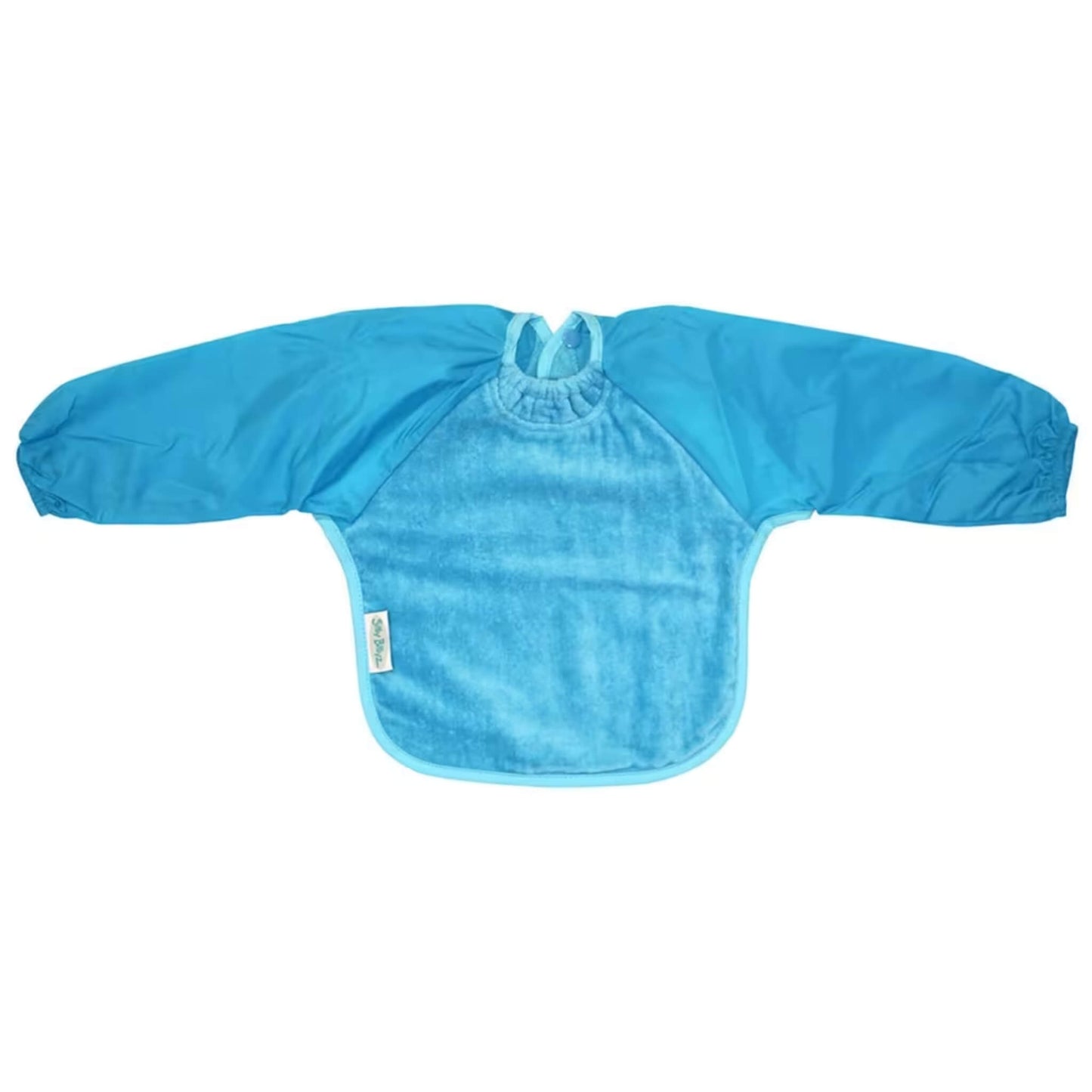 Silly Billyz Towel Long Sleeve Bib in aqua, shown laid flat with full-length water-resistant sleeves, an absorbent towelling front, a gathered neckline, and a back snap closure for easy dressing during feeding.