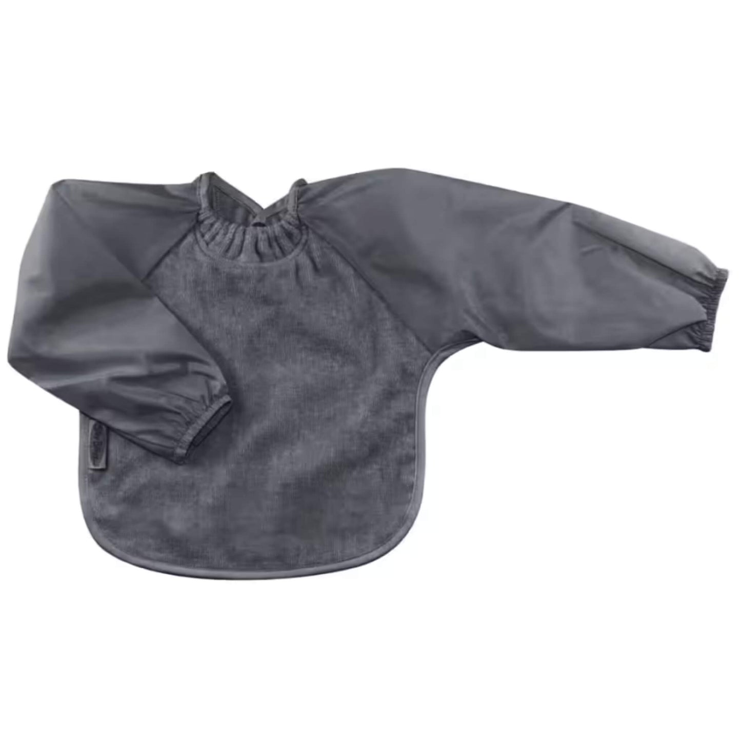 Silly Billyz Towel Long Sleeve Bib in dark grey, shown laid flat with an absorbent cotton towelling front, full-length water-resistant sleeves with elasticated cuffs, a gathered neckline, and a back snap closure.