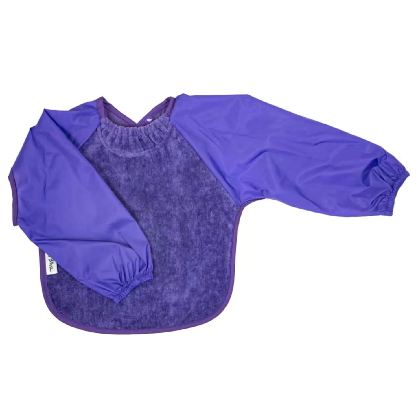 Silly Billyz Towel Long Sleeve Bib in purple, shown laid flat with an absorbent cotton towelling front, full-length water-resistant sleeves with elasticated cuffs, a gathered neckline, and a back snap closure.