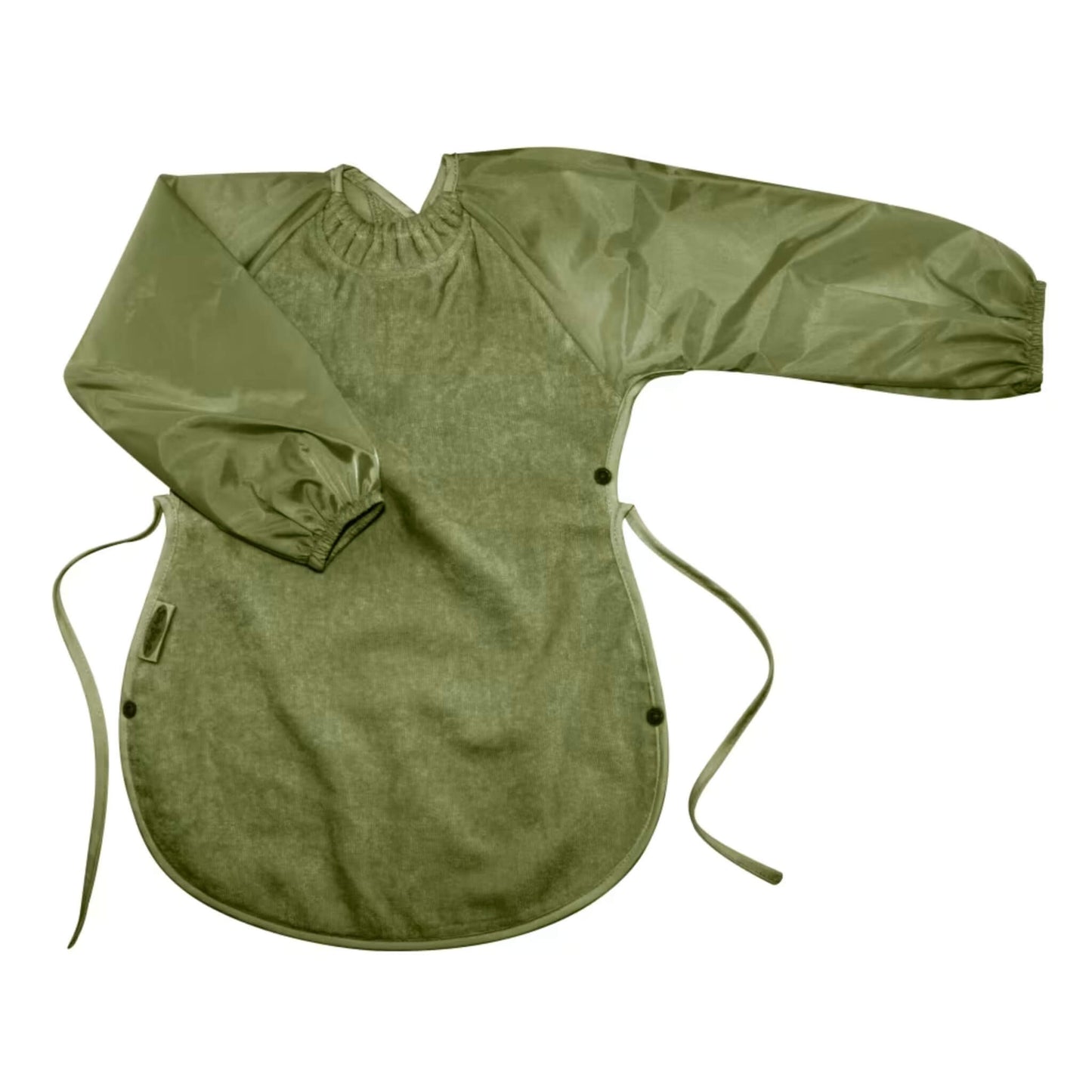 Olive green Silly Billyz Messy Eater Bib featuring absorbent towelling front, waterproof sleeves, and food-catching side ties.
