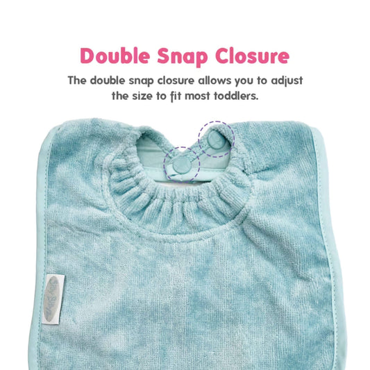 Close-up of a towelling front large Bib in Maitai Bay blue. Double snap closure clearly shown for adjustable neck sizing.