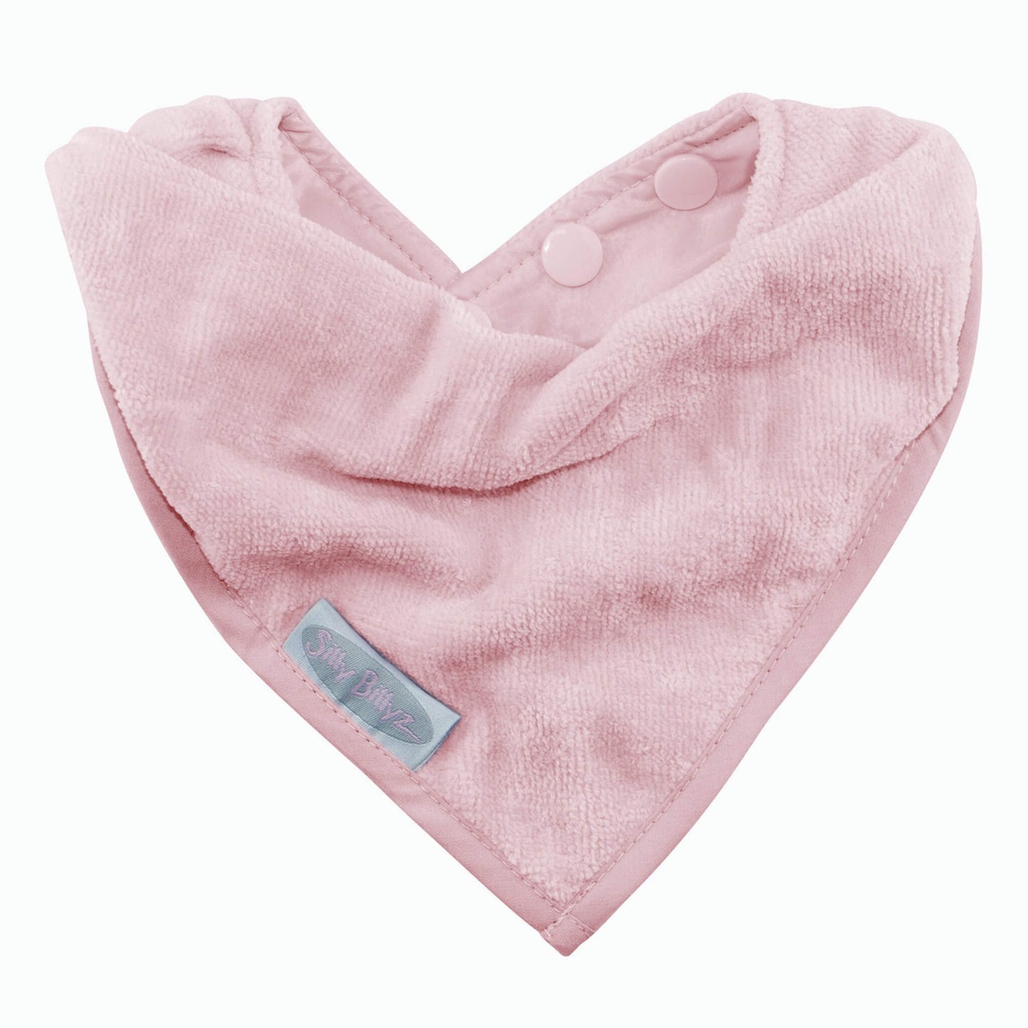 Silly Billyz Towel Bandana Bib shown in an antique pink velour towelling fabric with a soft absorbent texture, neat triangular shape and adjustable pop-stud fastening at the neckline.