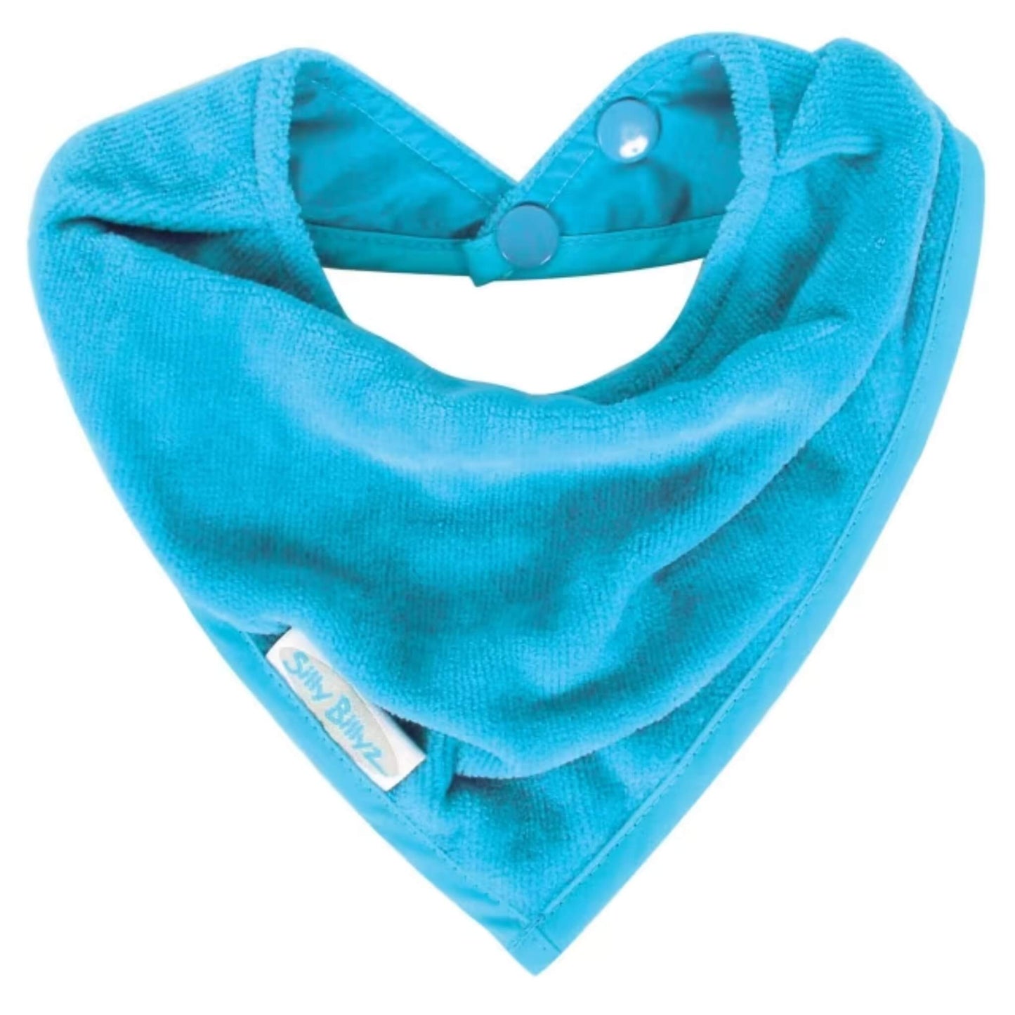 Silly Billyz Towel Bandana Bib shown in an aqua velour towelling fabric with a soft absorbent texture, neat triangular shape and adjustable pop-stud fastening at the neckline.