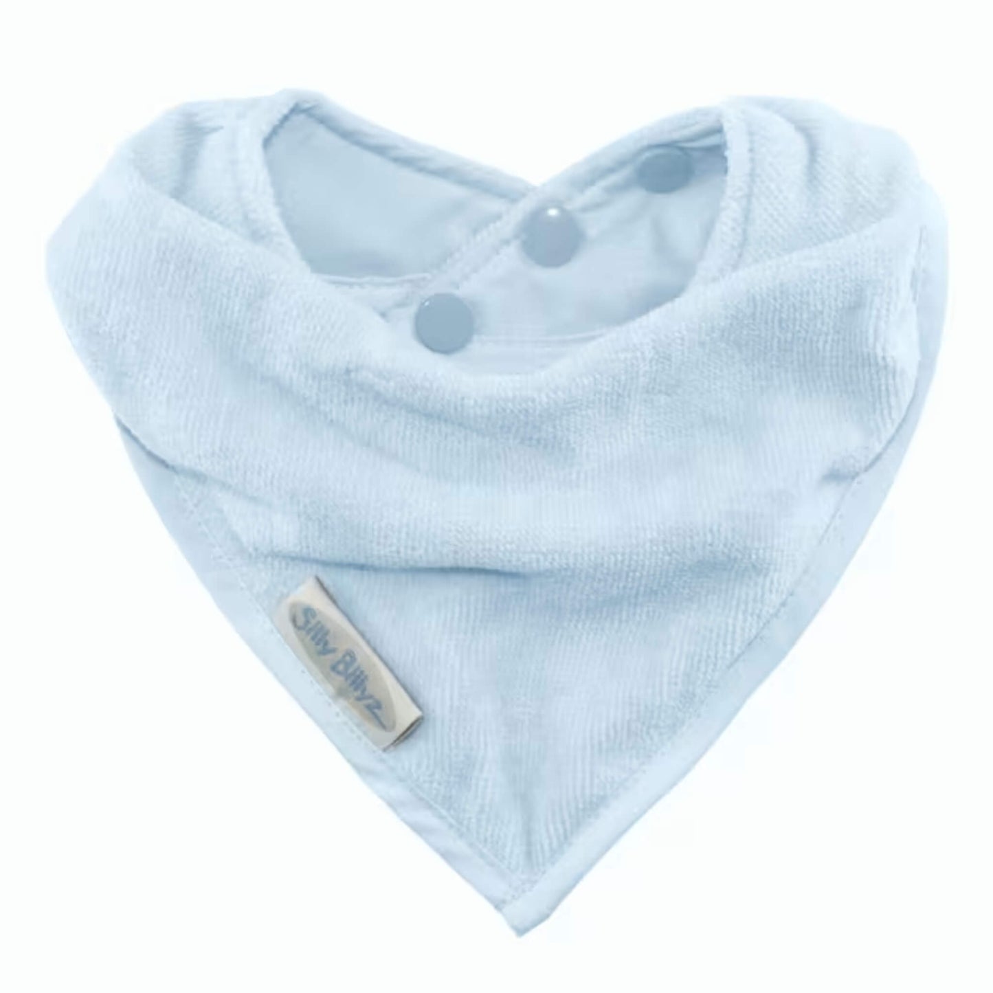 Silly Billyz Towel Bandana Bib shown in a dusty blue velour towelling fabric with a soft absorbent texture, neat triangular shape and adjustable pop-stud fastening at the neckline.