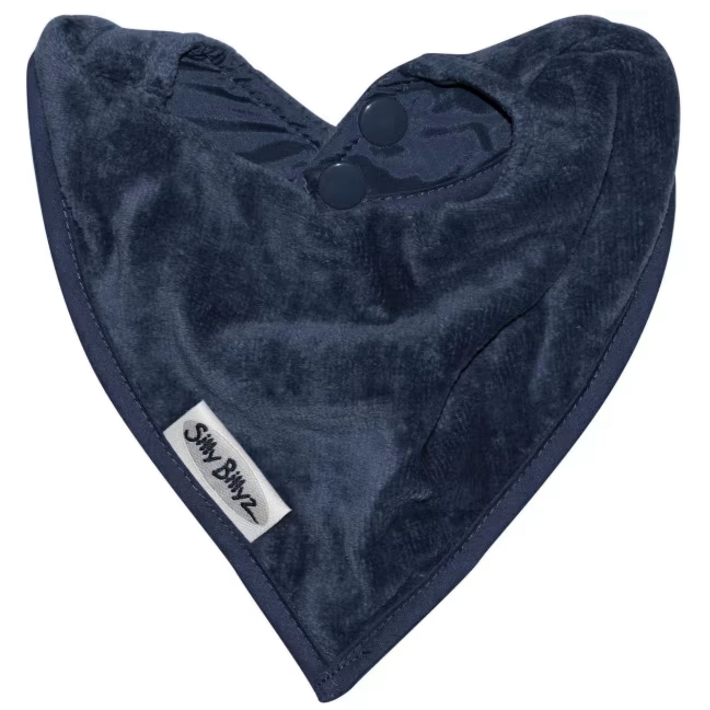 Silly Billyz Towel Bandana Bib shown in a soft navy velour towelling fabric with a triangular bandana shape and neatly stitched edging.
