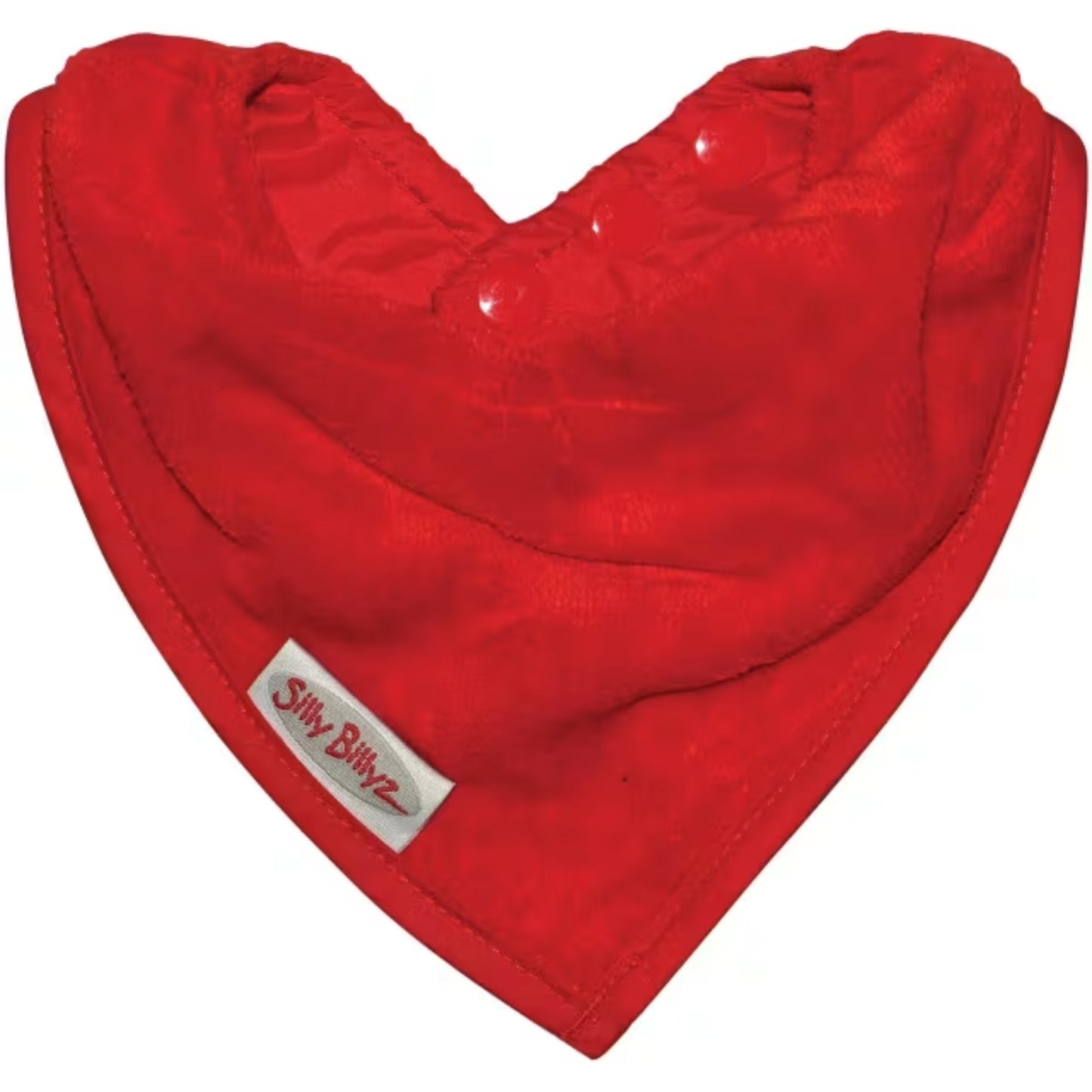 Silly Billyz Towel Bandana Bib shown in a soft red velour towelling fabric with a triangular bandana shape and neatly stitched edging.