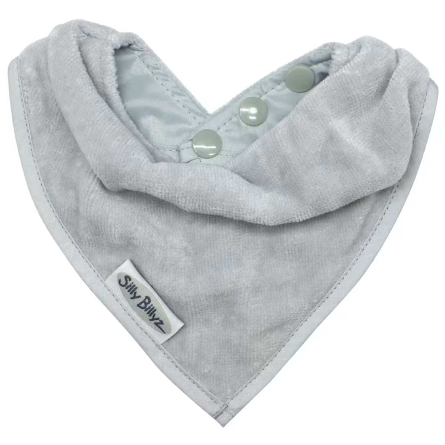 Silly Billyz Towel Bandana Bib shown in a soft light grey velour towelling fabric with a triangular bandana shape and neatly stitched edging.