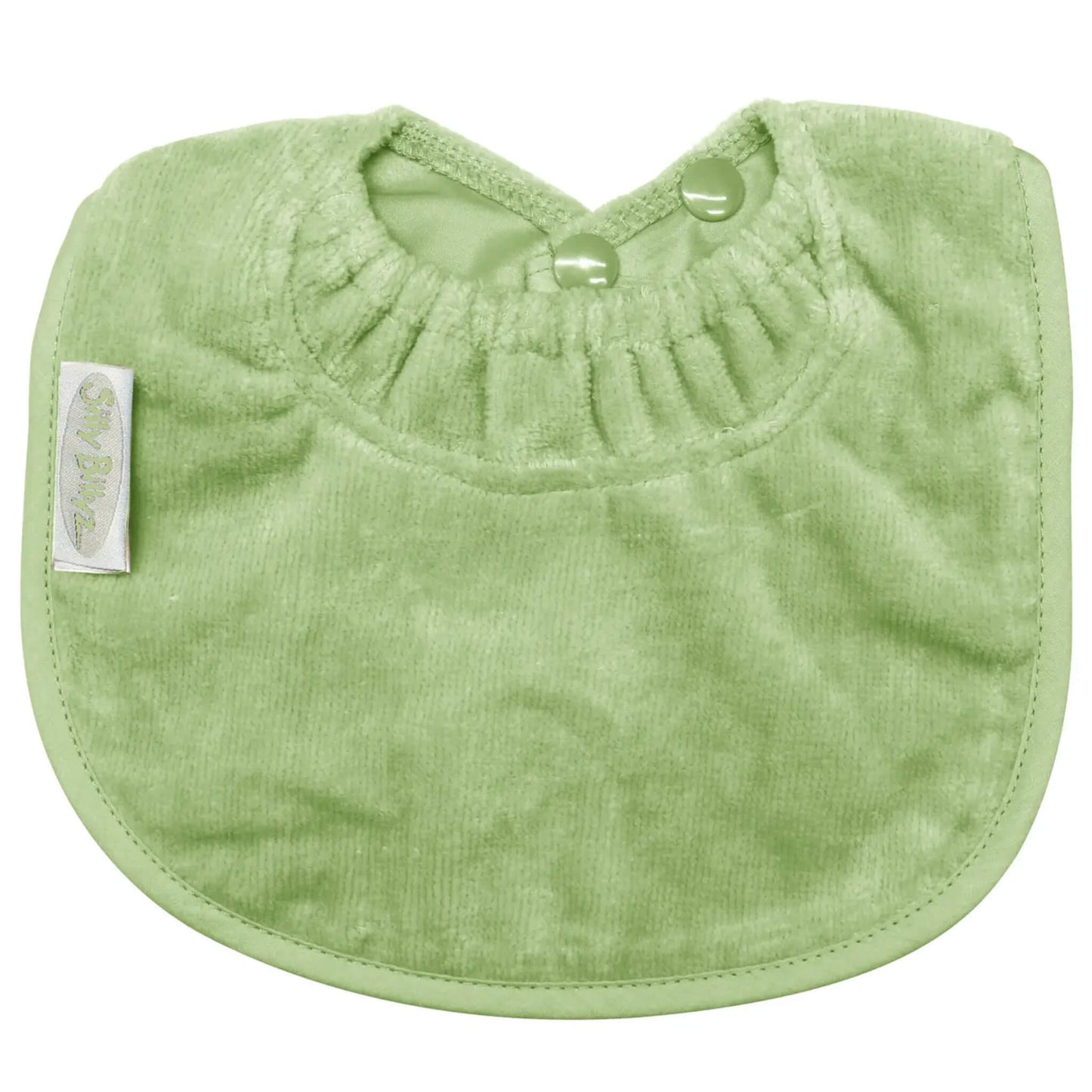 A small sage green towelling bib with a gathered neckline, rounded edges and two snap fasteners at the back.