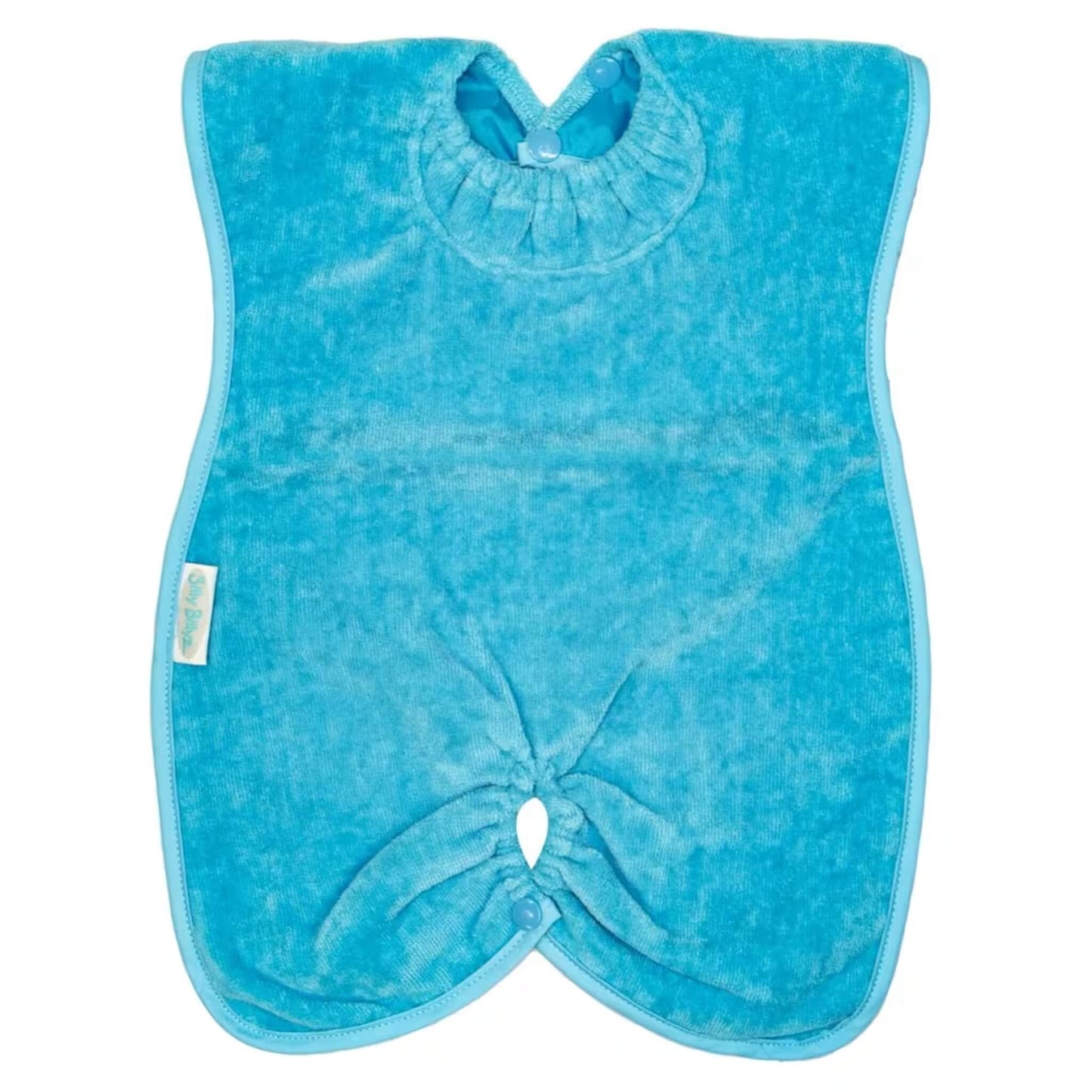 Silly Billyz Highchair Hugger Towel Bib in Aqua, showing a soft towelling bib with elasticated neck opening, popper fastening at the back, and a gathered base designed to catch dropped food during highchair meals.