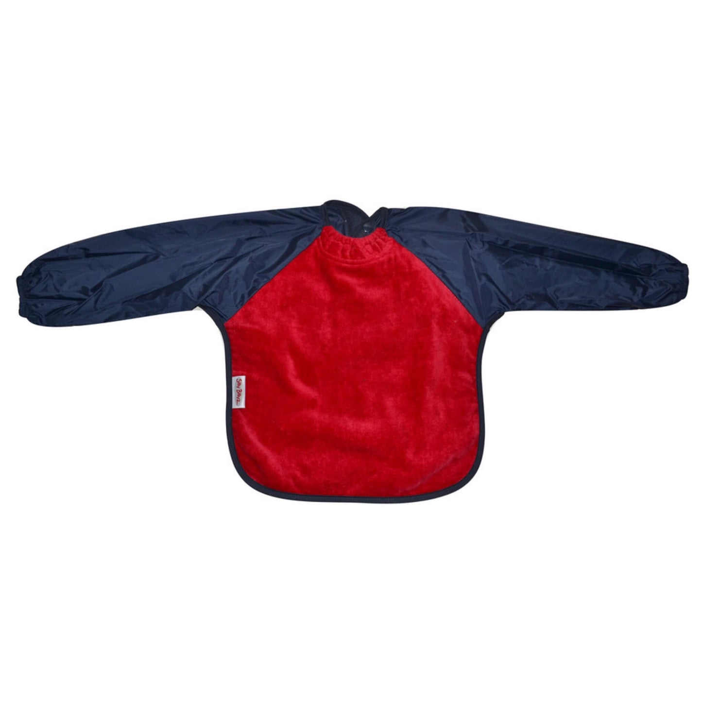 A long-sleeve bib with navy waterproof arms and a soft red towelling front, shown laid flat with elasticated cuffs and a rounded hem.