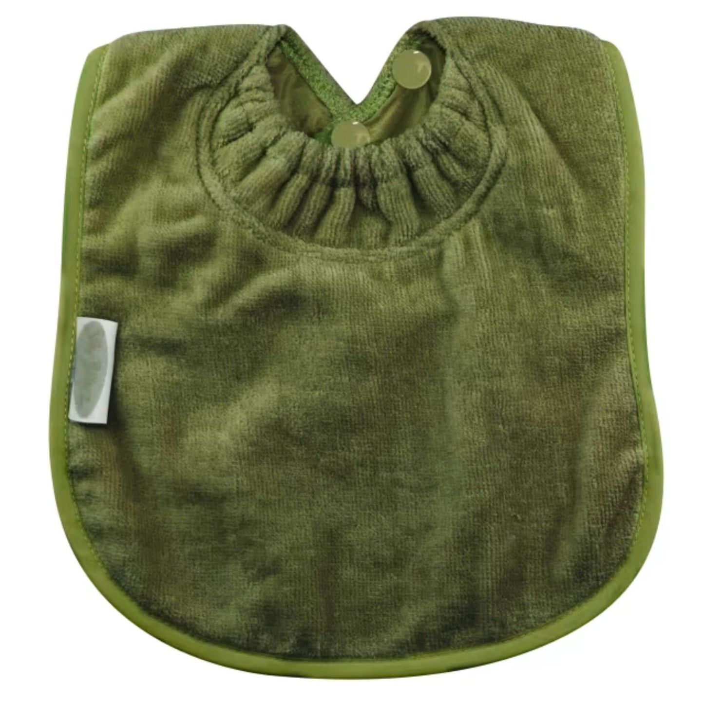 Silly Billyz Towel Plain Large Bib in olive green with soft cotton velour front, waterproof backing and adjustable double press stud fastening at the neck.