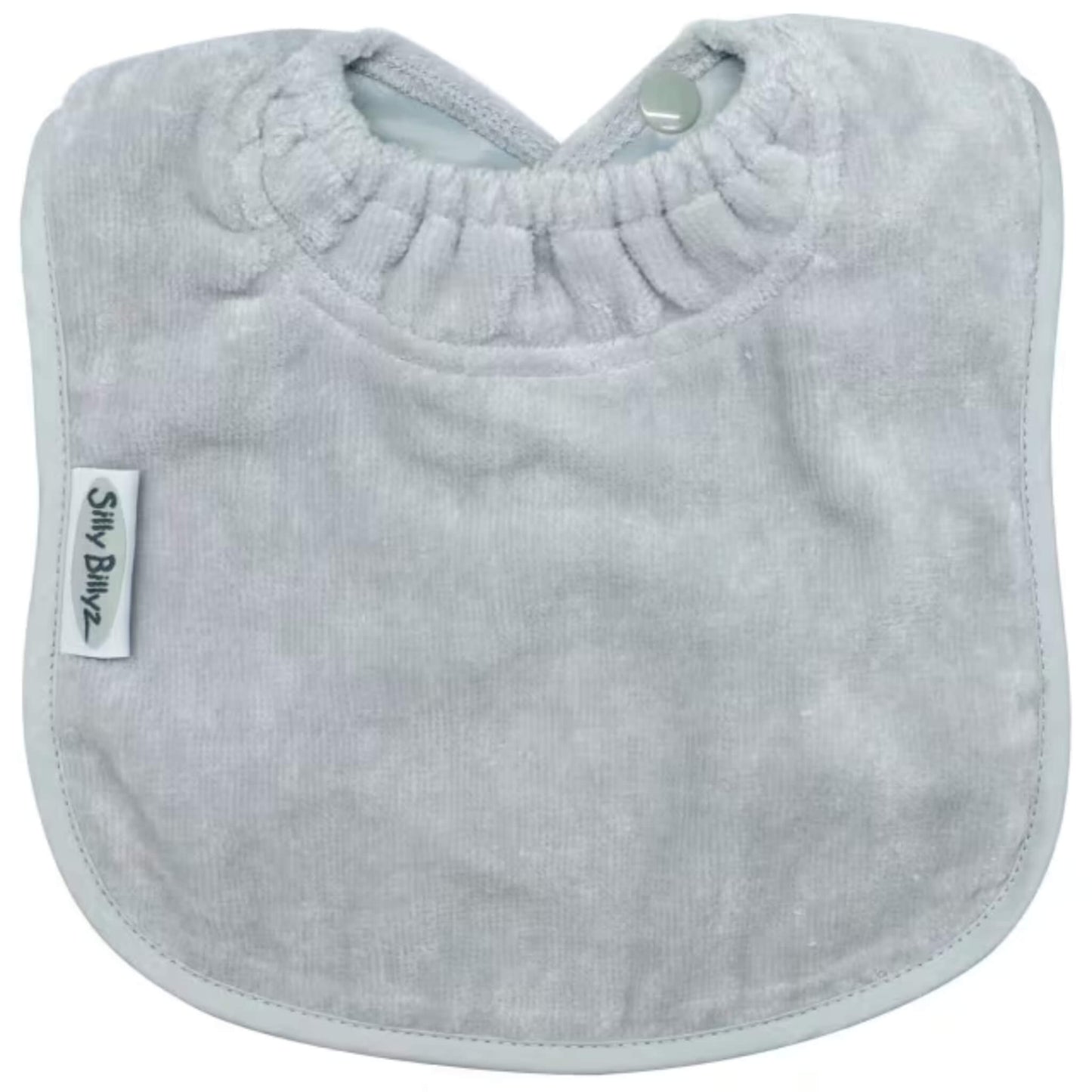 Silly Billyz Towel Plain Large Bib in light grey with soft cotton velour front, waterproof backing and adjustable double press stud fastening at the neck.