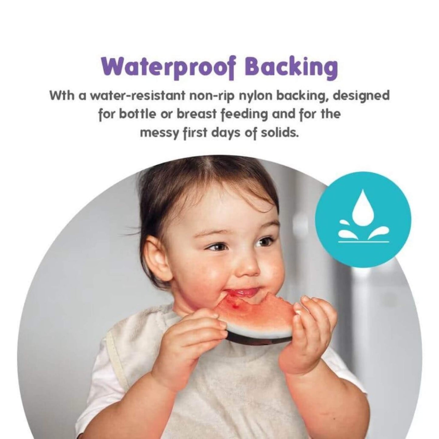 Baby eating fruit while wearing a white sand bib with waterproof backing, demonstrating protection from spills during early solid feeding.