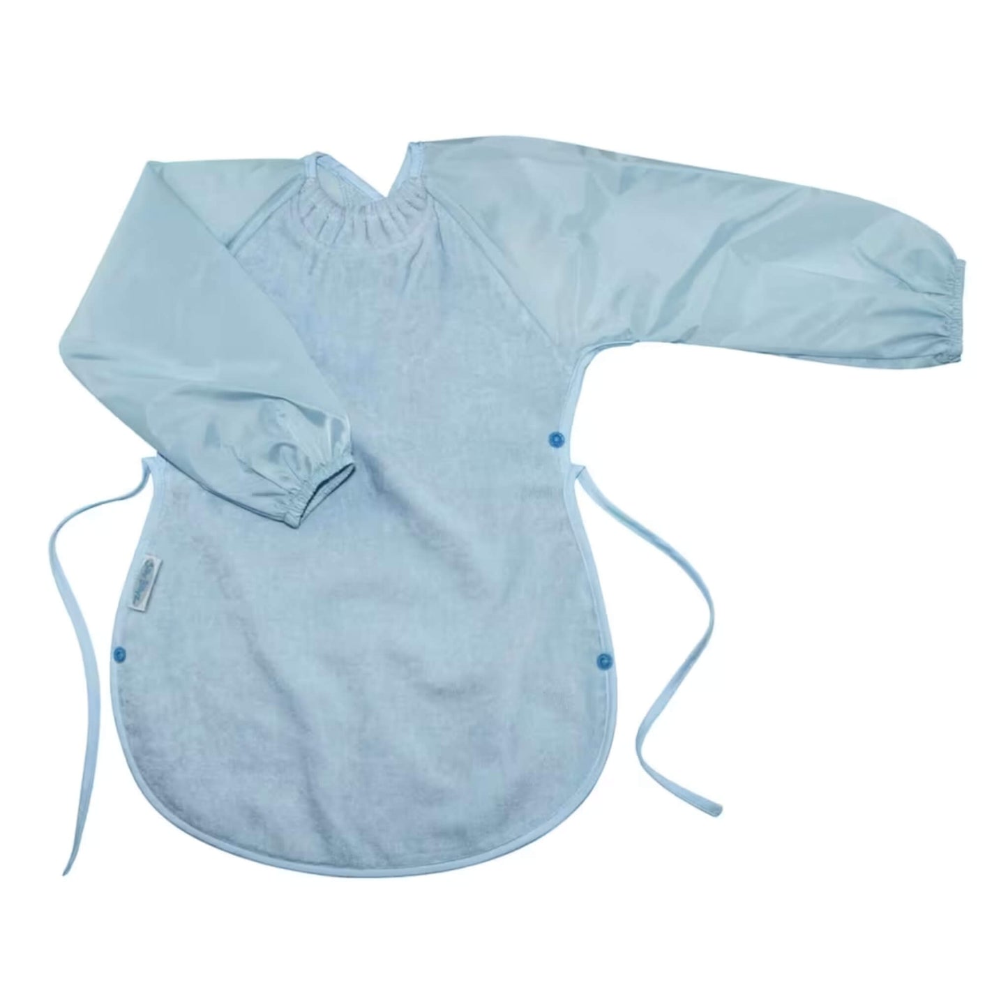 Silly Billyz Towel Messy Eater Bib in dusty blue with long sleeves, absorbent towelling front, waterproof backing and extended shape designed to drape over the lap.