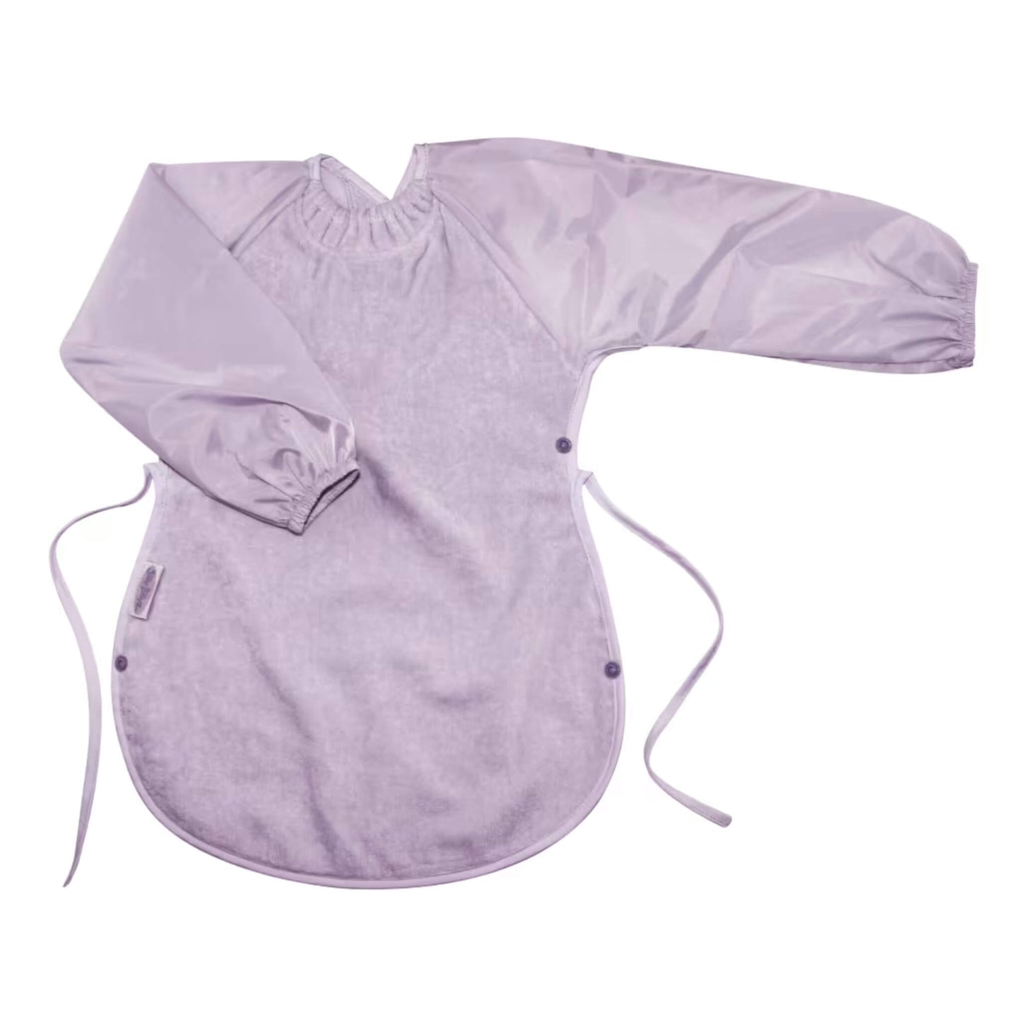 Silly Billyz Towel Messy Eater Bib in lavender with long sleeves, absorbent towelling front, waterproof backing and extended shape designed to drape over the lap.