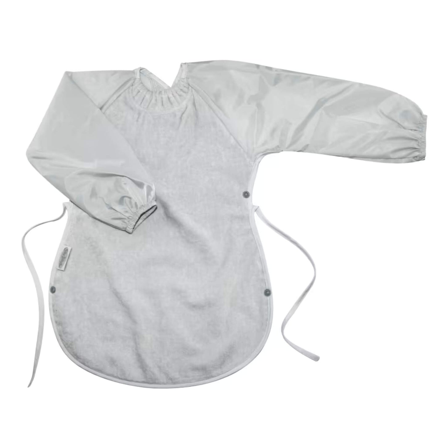 Silly Billyz Towel Messy Eater Bib in light grey with long sleeves, absorbent towelling front, waterproof backing and extended shape designed to drape over the lap.