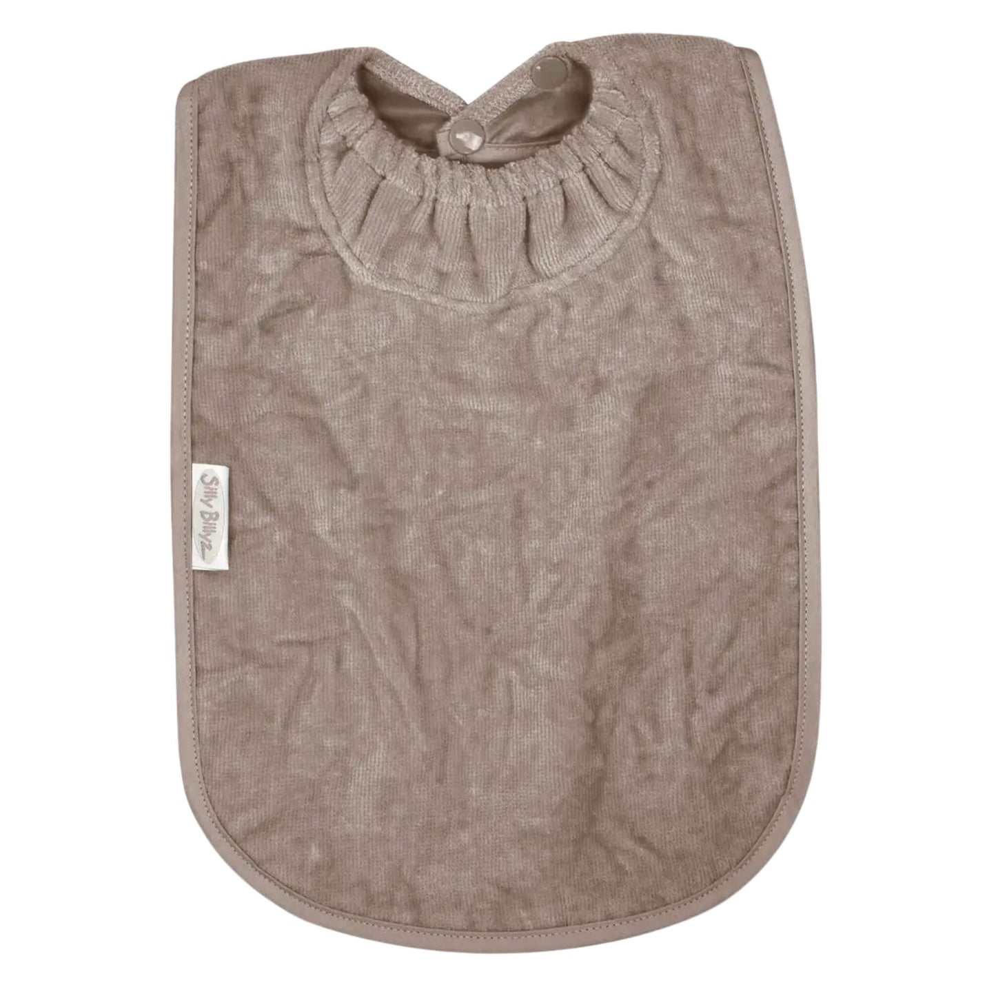 A Silly Billyz Towel XL Bib in taupe shown laid flat, with a long towelling front, rounded edges and an elasticated neckline with snap fasteners.