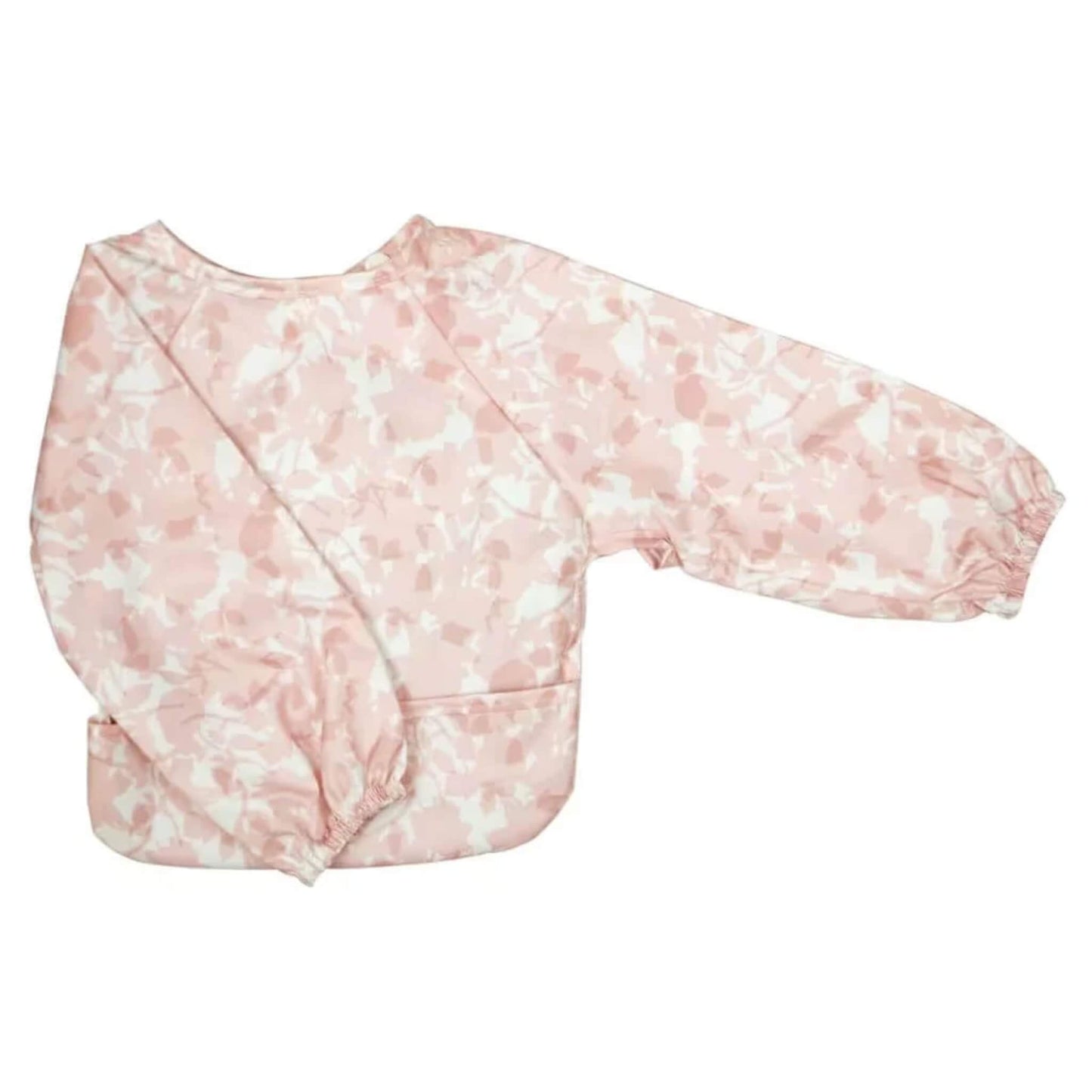 Silly Billyz Wipe Clean Long Sleeve Bib in Roses print, featuring full arm coverage, shaped front and wipe-clean waterproof fabric.