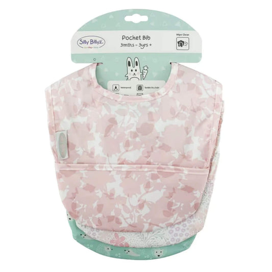Packaged wipe-clean pocket bibs stacked on a retail hanger, showing adjustable neckline, smooth waterproof fabric, and front pocket detail.