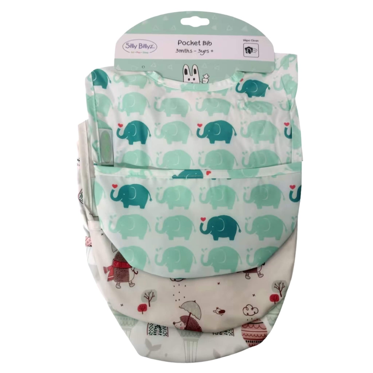 Packaged wipe-clean pocket bibs stacked on a retail hanger, showing adjustable neckline, smooth waterproof fabric, and front pocket detail.