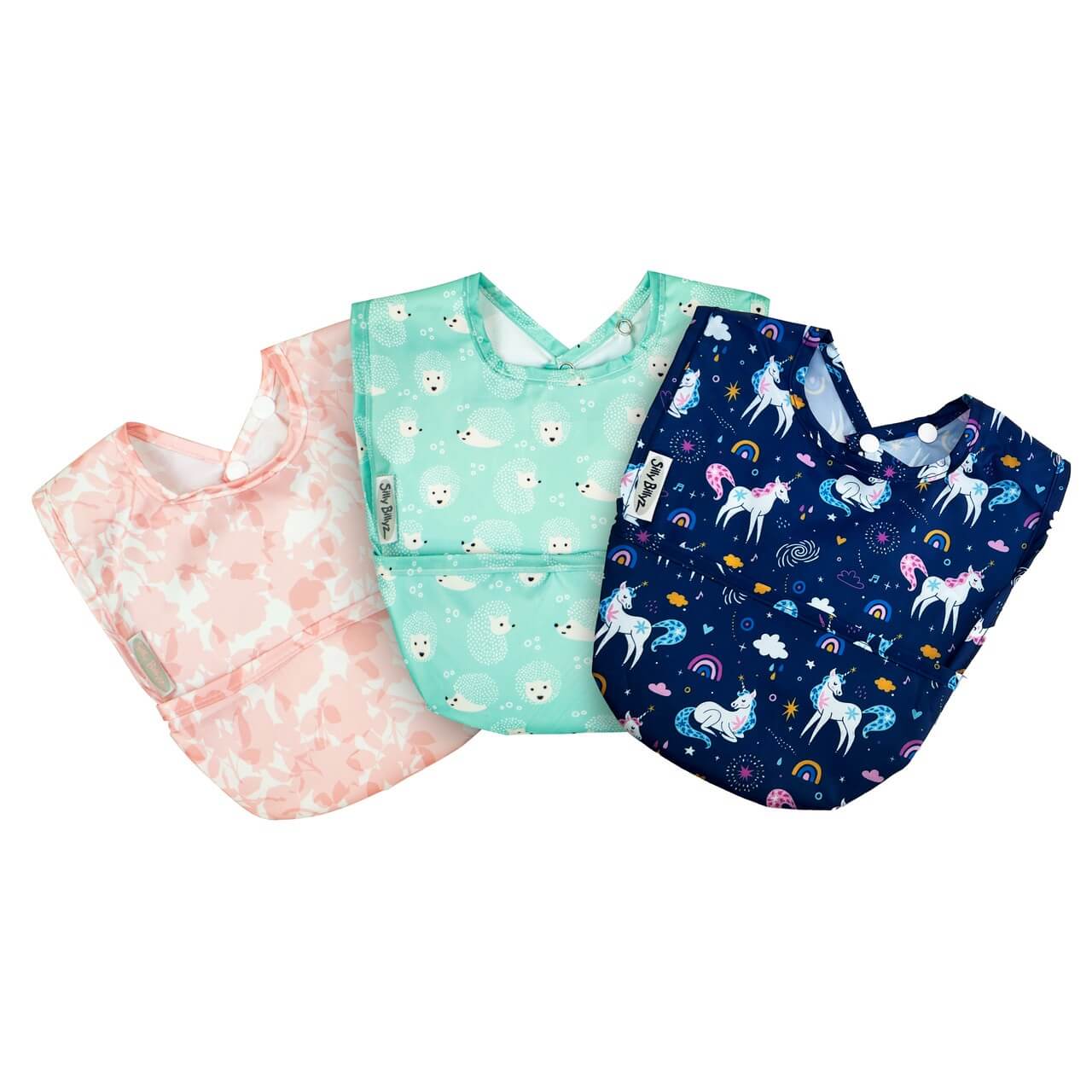 Silly Billyz wipe-clean pocket bibs 3-pack. For ages 3 months to 3 years.