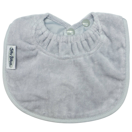 Silly Billyz Biblet with soft and absorbent towelling fabric and water-resistant nylon backing. The triple snap closure lets you choose the size, so this handy newborn bib grows with your baby.
