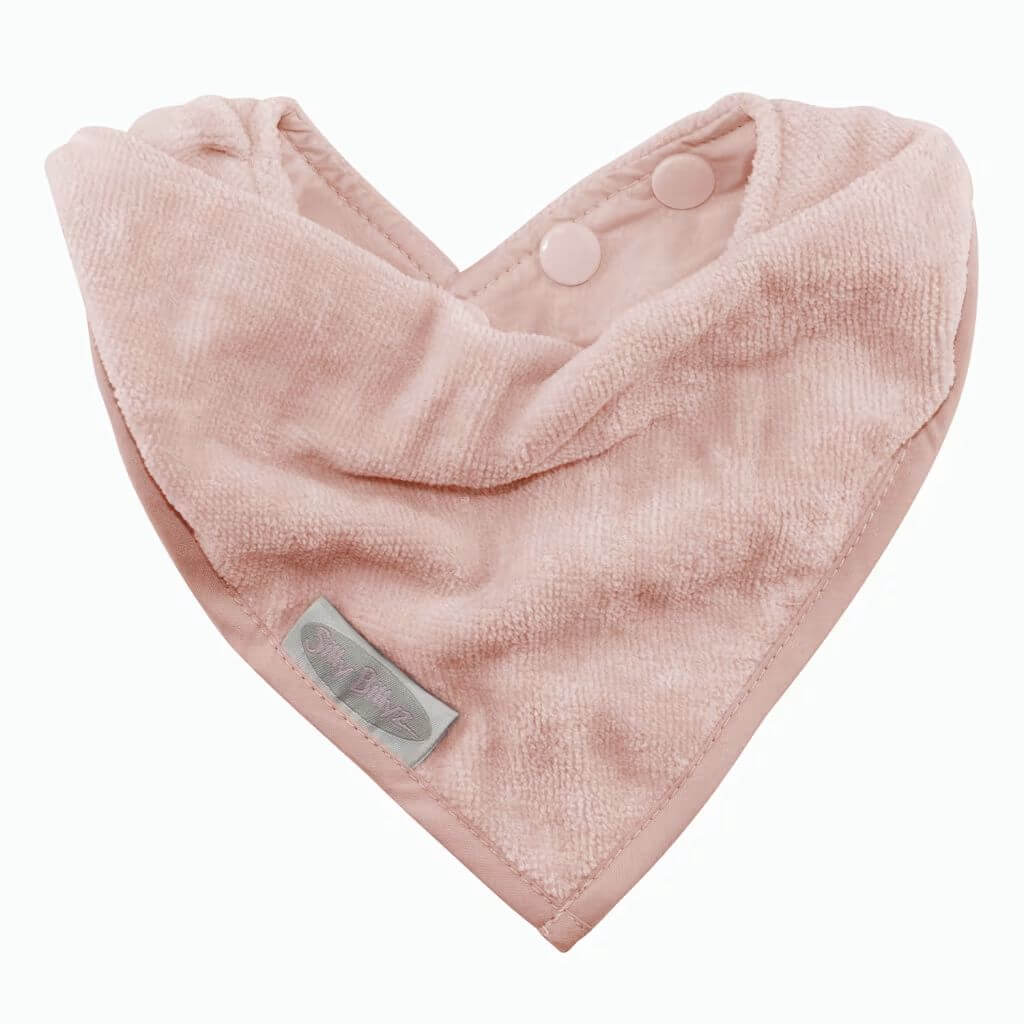 Silly Billyz towel bandana bib in Antique Pink, featuring soft towelling fabric, waterproof backing, and adjustable pop-stud closure.