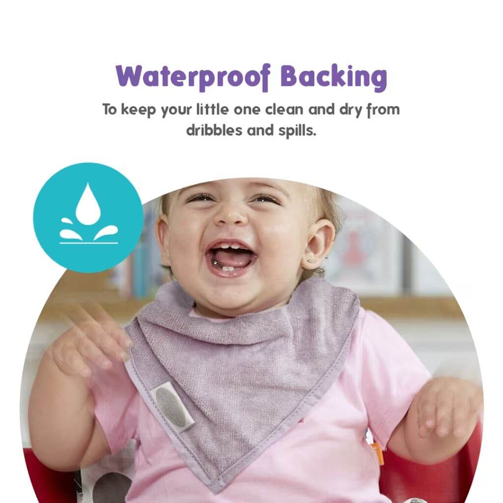 Happy baby wearing Silly Billyz towel bandana bib in lavender, featuring a waterproof backing to keep clothes clean and dry from dribbles and spills.