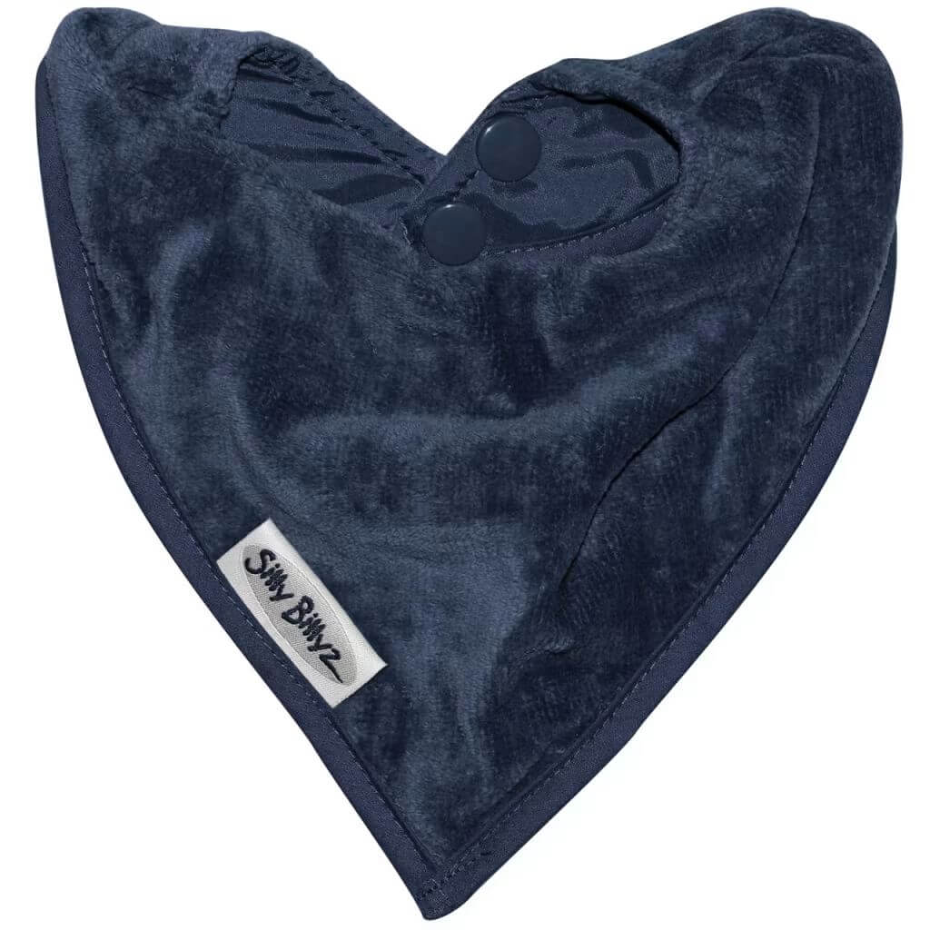 Silly Billyz navy towel bandana bib, featuring soft towelling fabric, waterproof backing, and adjustable pop-stud closure.